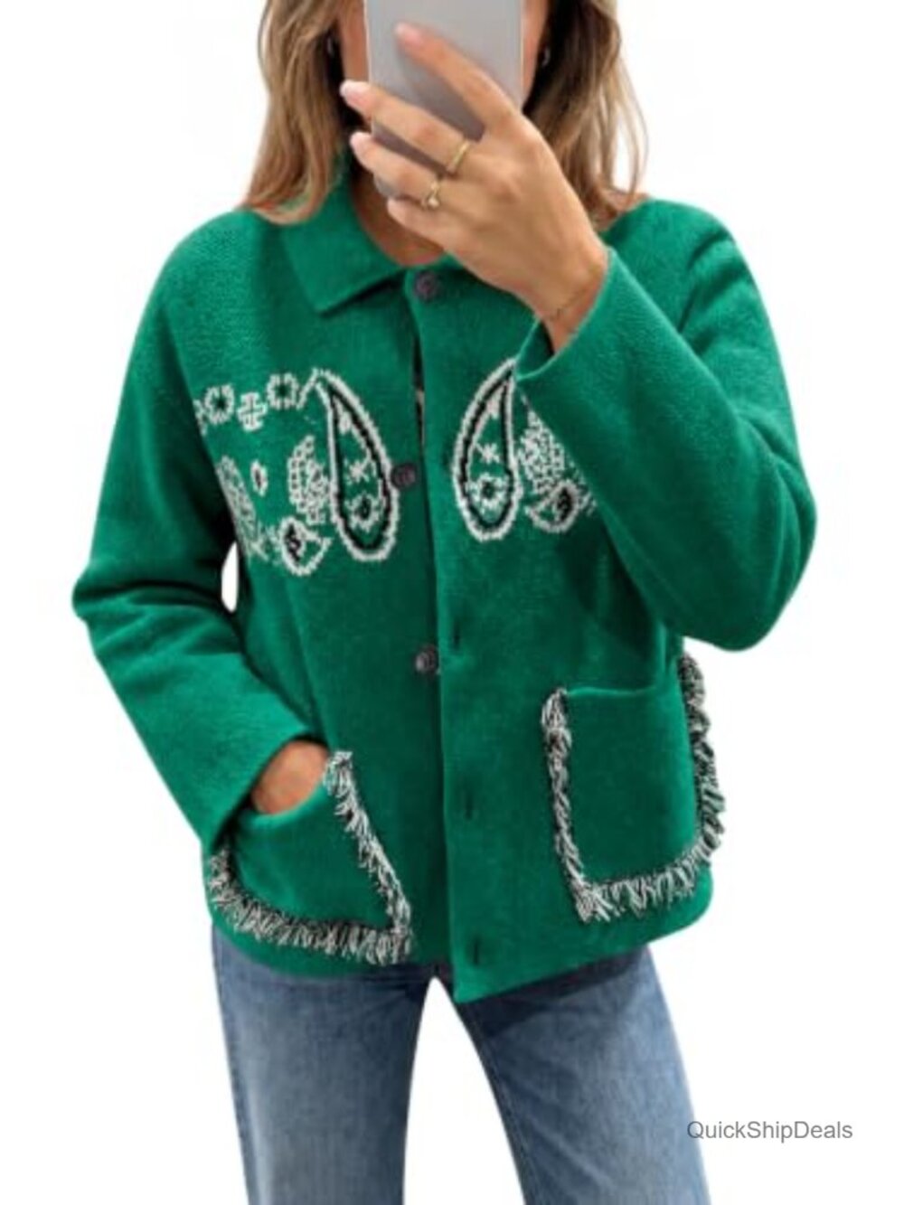 Boho Fringe Cardigan Sweater Paisley Button Down with Pockets